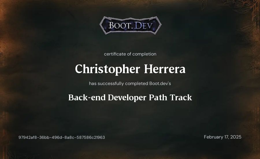 Christopher Herrera's Boot.dev Backend Developer Path certificate