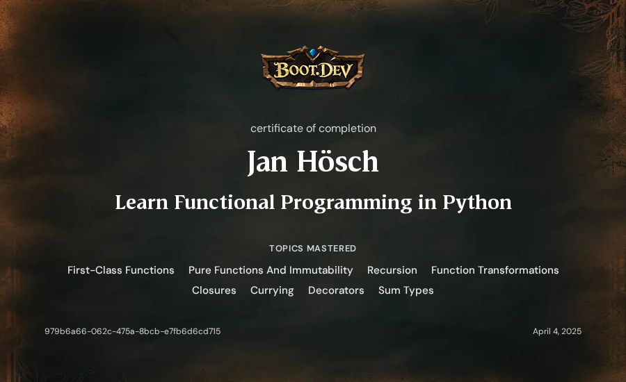Jan Hösch's Boot.dev Learn Functional Programming in Python certificate