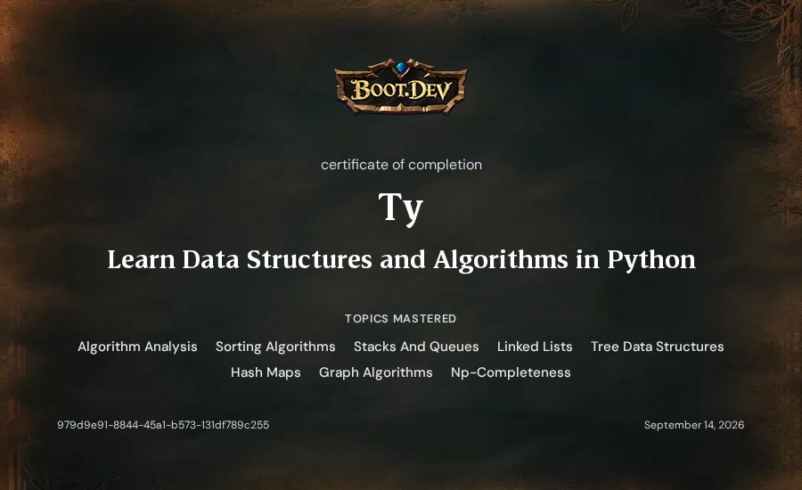 Ty's Boot.dev Learn Data Structures and Algorithms in Python certificate