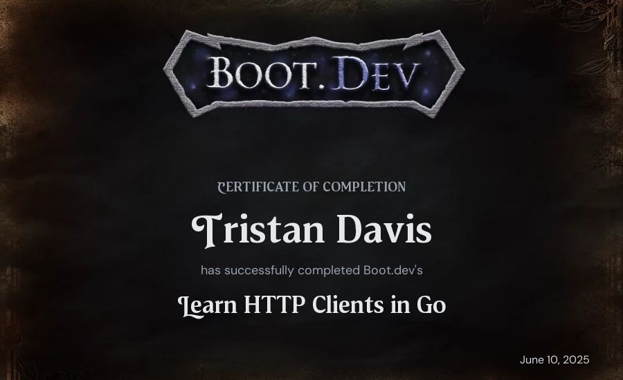 Tristan Davis's Boot.dev Learn HTTP Clients in Go certificate
