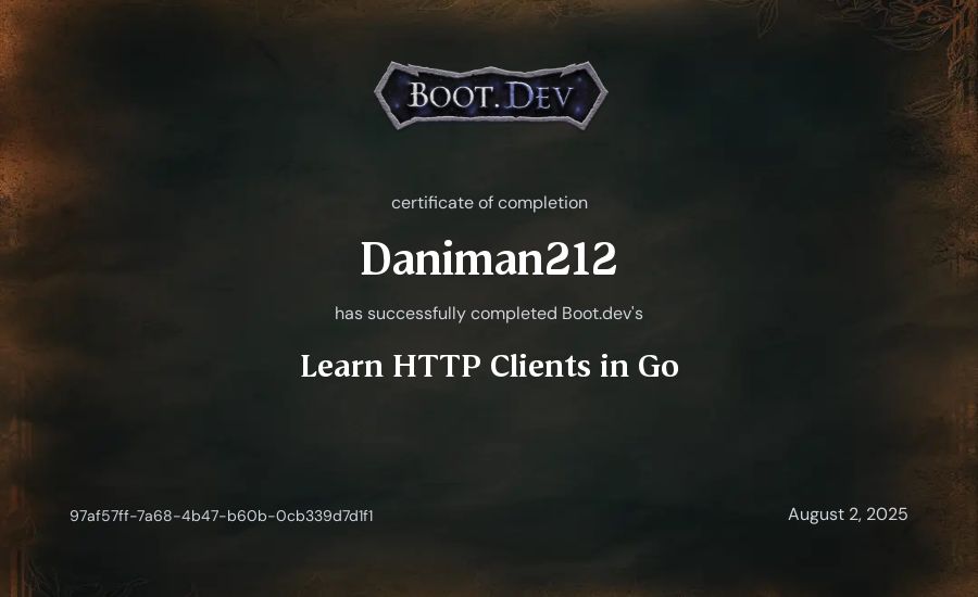 Daniman212's Boot.dev Learn HTTP Clients in Go certificate
