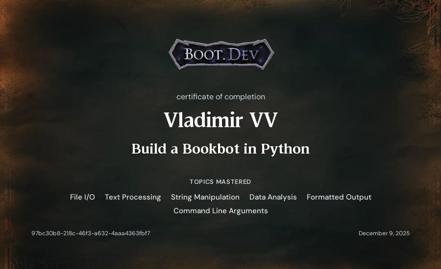 Vladimir VV's Boot.dev Build a BookBot in Python certificate