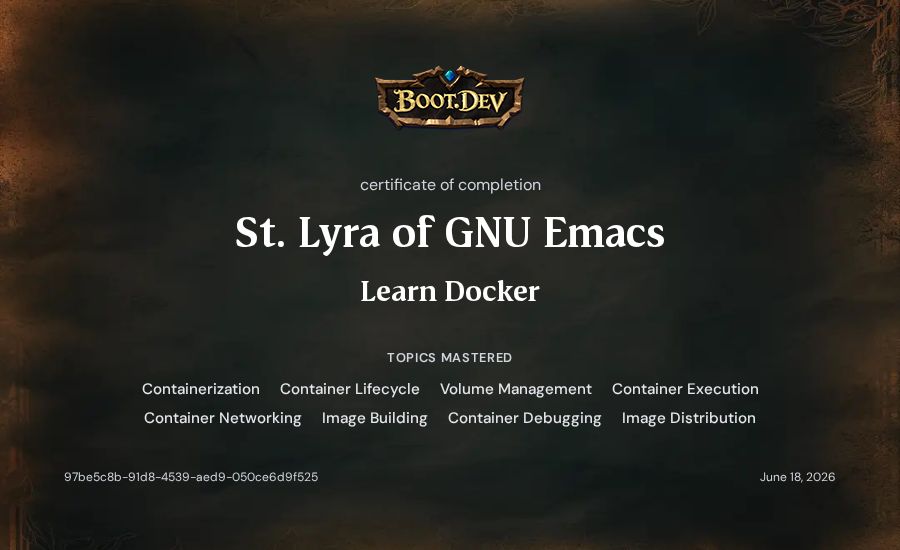 St. Lyra of GNU Emacs's Boot.dev Learn Docker certificate