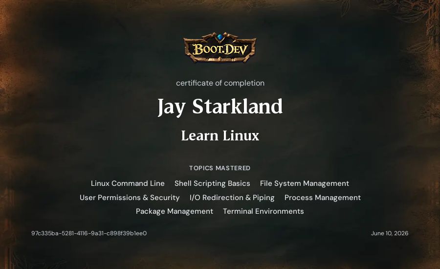 Jaesea MMO Legend's Boot.dev Learn Linux certificate