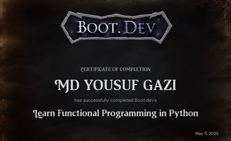 MD YOUSUF GAZI's Boot.dev Learn Functional Programming in Python certificate
