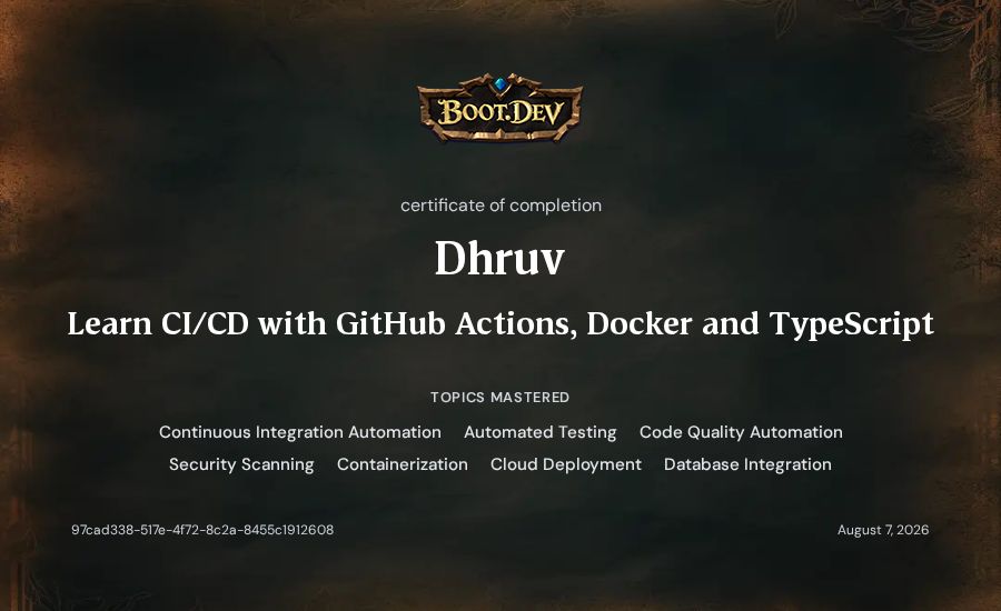 Dhruv's Boot.dev Learn CI/CD with GitHub Actions, Docker and TypeScript certificate