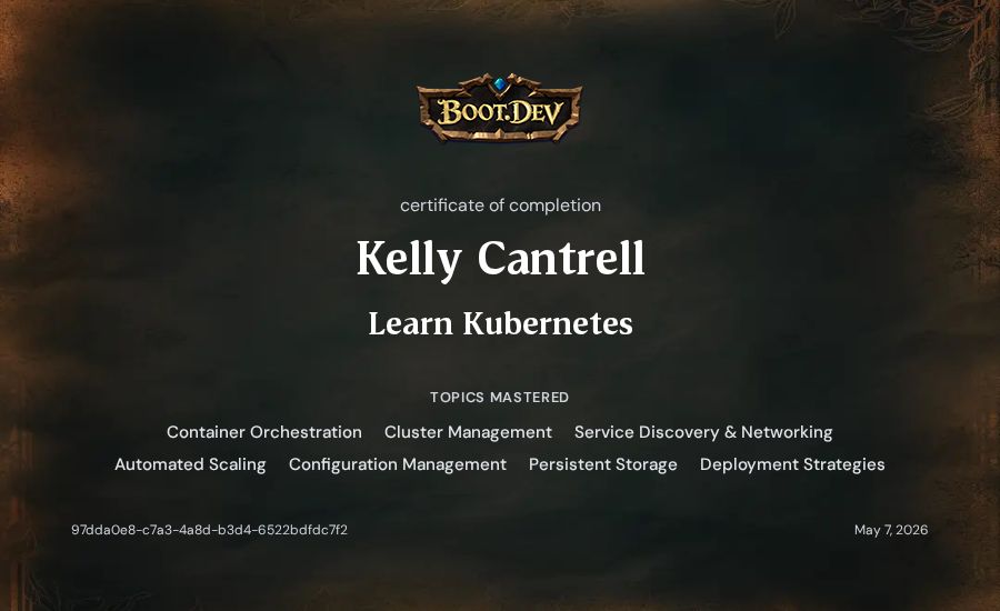 Kelly Cantrell's Boot.dev Learn Kubernetes certificate