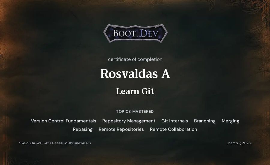 Rosvaldas A's Boot.dev Learn Git certificate
