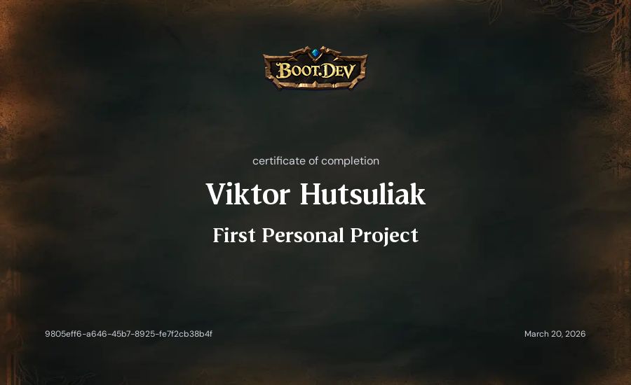 Viktor Hutsuliak's Boot.dev First Personal Project certificate