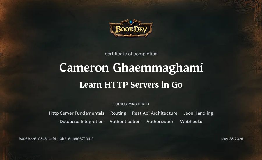 Cameron Ghaemmaghami's Boot.dev Learn HTTP Servers in Go certificate