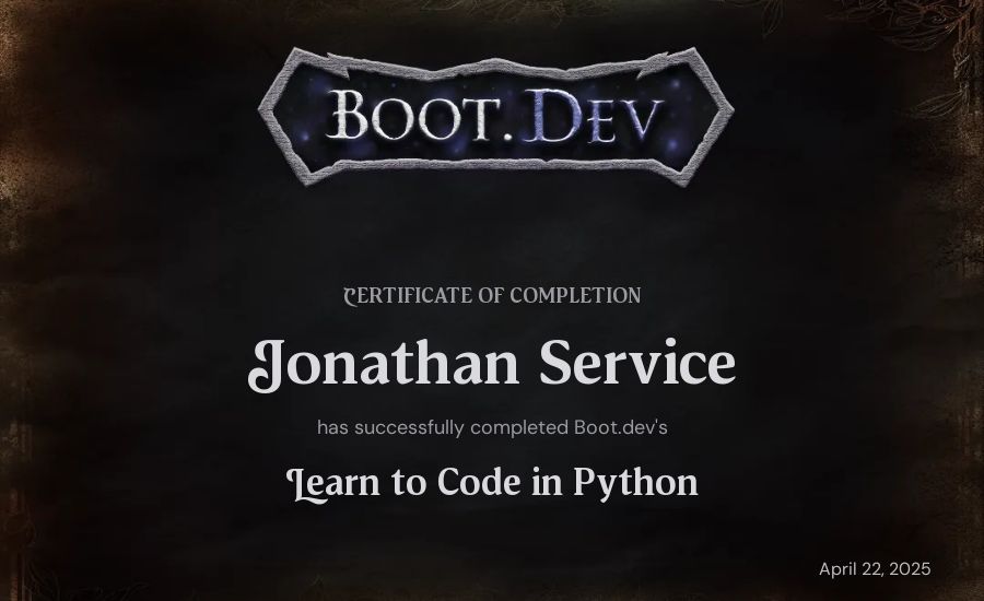 Jonathan Service's Boot.dev Introduction to Python Course certificate