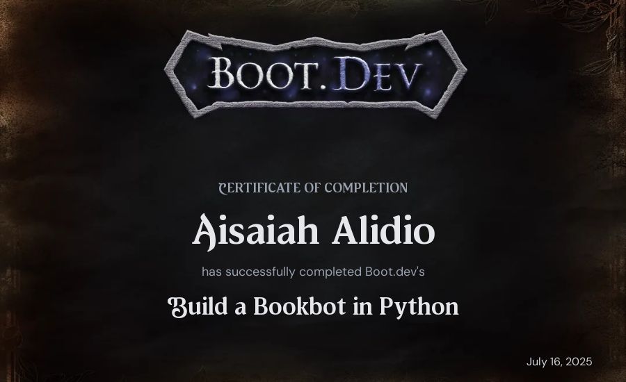 Aisaiah Alidio's Boot.dev Build a BookBot in Python certificate