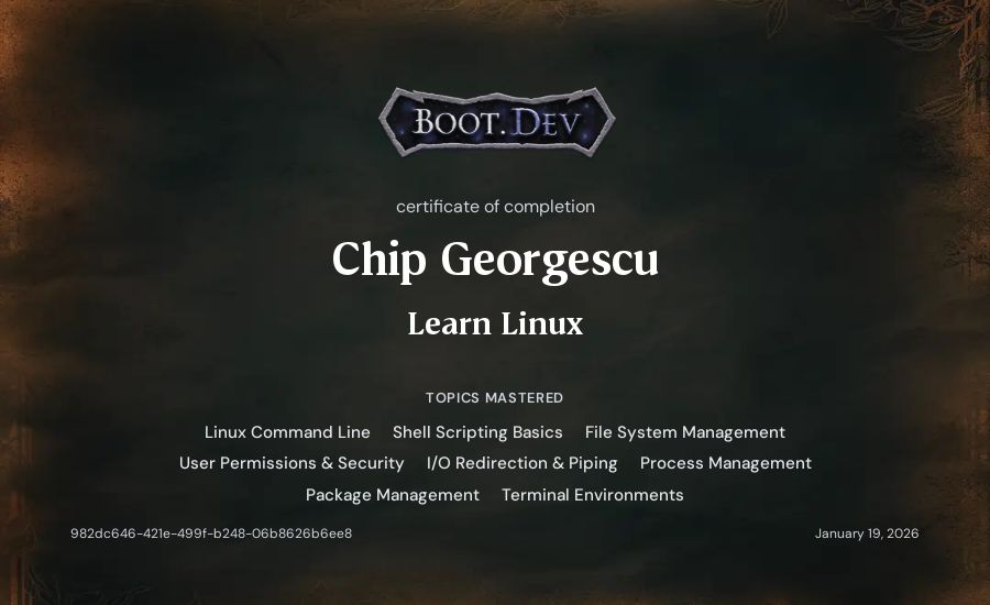 Chip Georgescu's Boot.dev Learn Linux certificate
