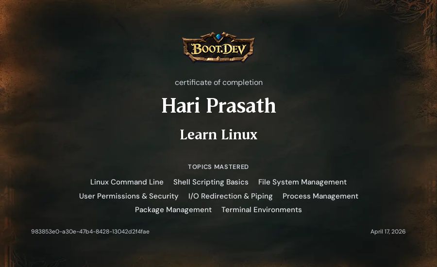 Hari Prasath's Boot.dev Learn Linux certificate