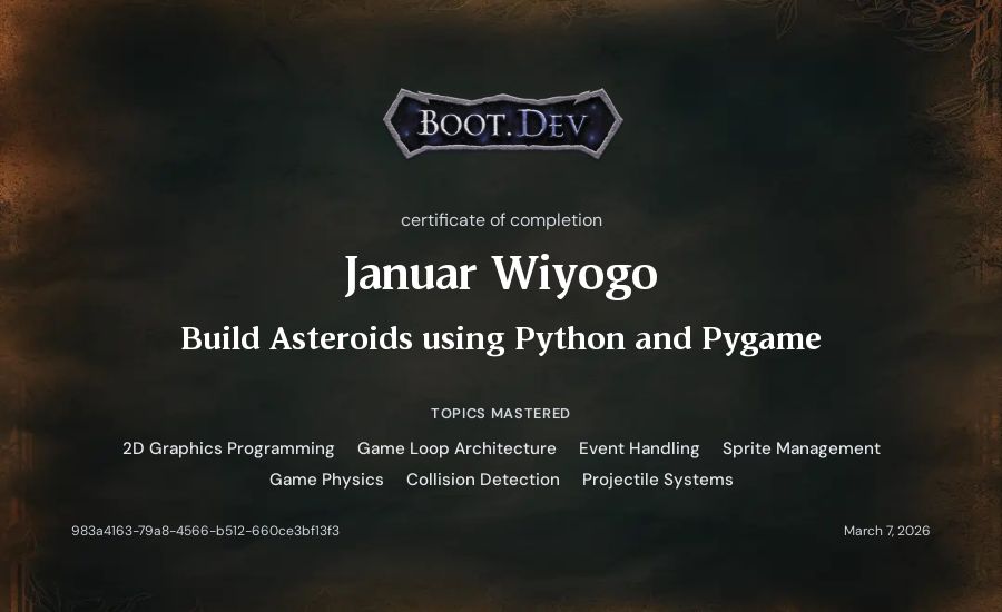 Build Asteroids using Python and Pygame Certificate - Januar Wiyogo ...