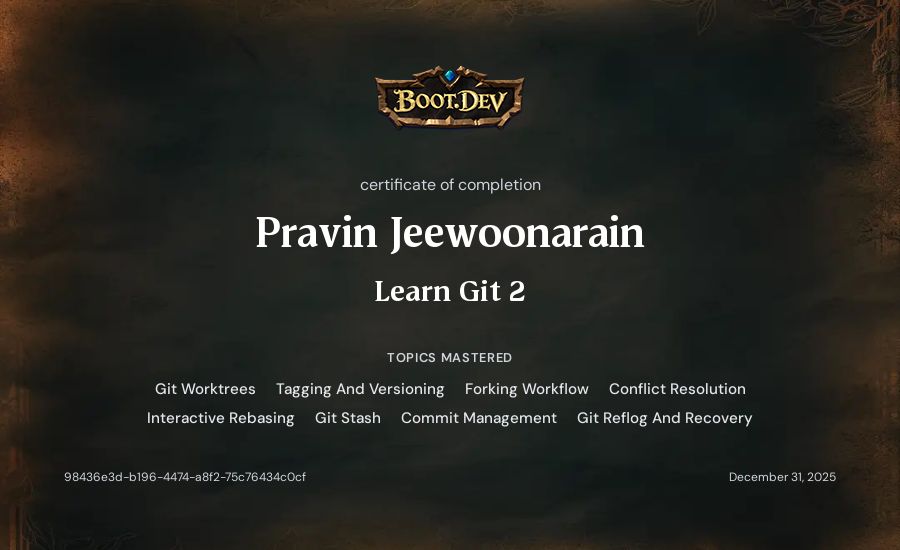 Pravin Jeewoonarain's Boot.dev Learn Git 2 certificate
