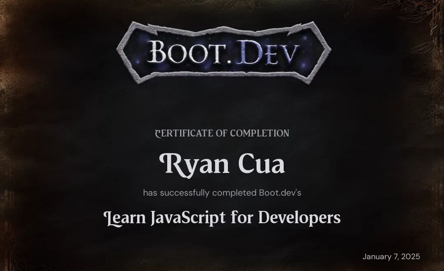 Ryan Cua's Boot.dev Learn JavaScript certificate