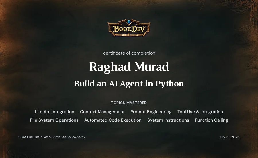 Raghad Murad's Boot.dev Build an AI Agent in Python certificate