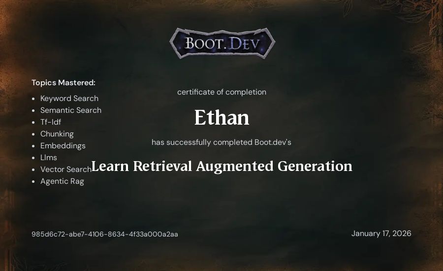 Ethan's Boot.dev Learn Retrieval Augmented Generation certificate