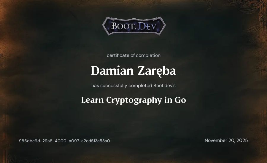 Damian Zaręba's Boot.dev Learn Cryptography in Go certificate
