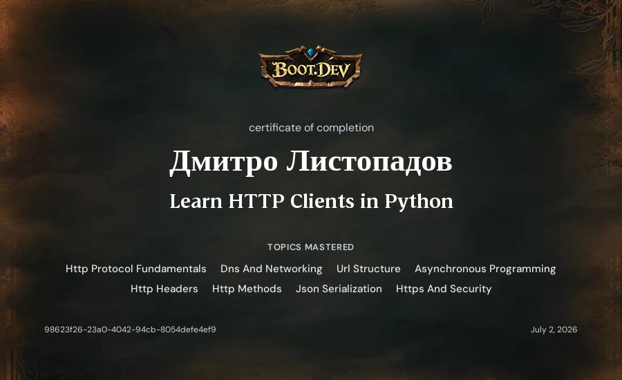 Дмитро Листопадов's Boot.dev Learn HTTP Clients in Python certificate