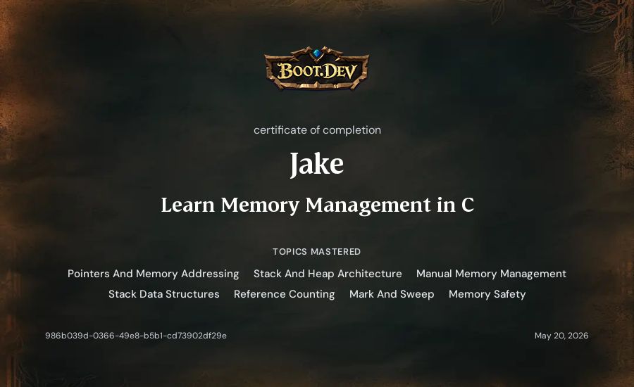 Jake's Boot.dev Learn Memory Management in C certificate