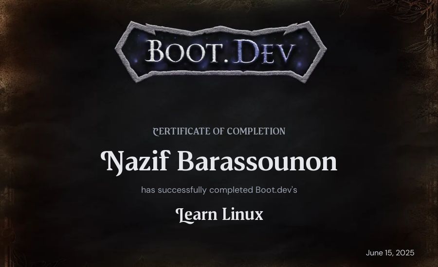 Nazif Barassounon's Boot.dev Learn Linux certificate