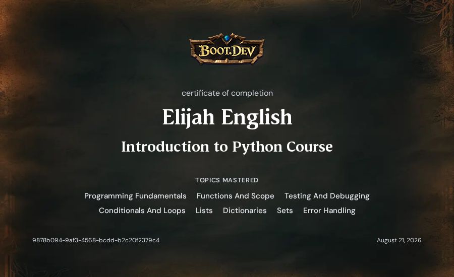 Elijah English's Boot.dev Introduction to Python Course certificate