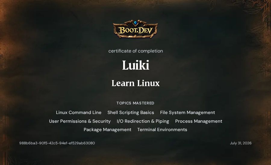 Luiki's Boot.dev Learn Linux certificate