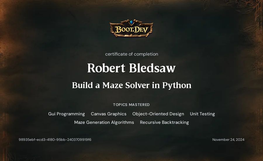 Robert Bledsaw's Boot.dev Build a Maze Solver in Python certificate