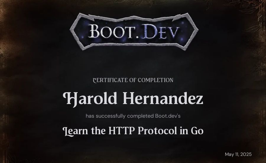 Harold Hernandez's Boot.dev Learn the HTTP Protocol in Go certificate