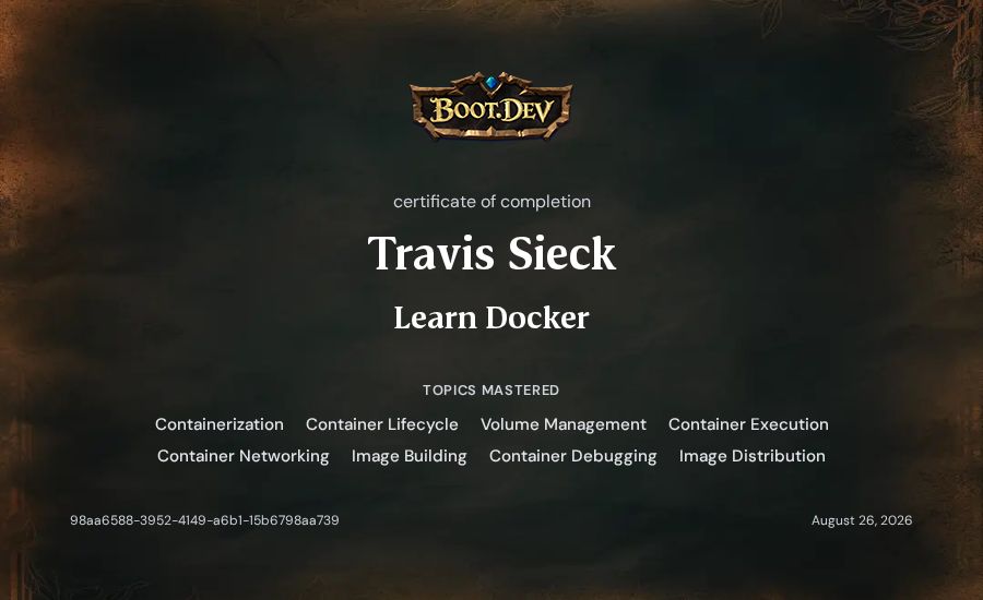 Travis Sieck's Boot.dev Learn Docker certificate