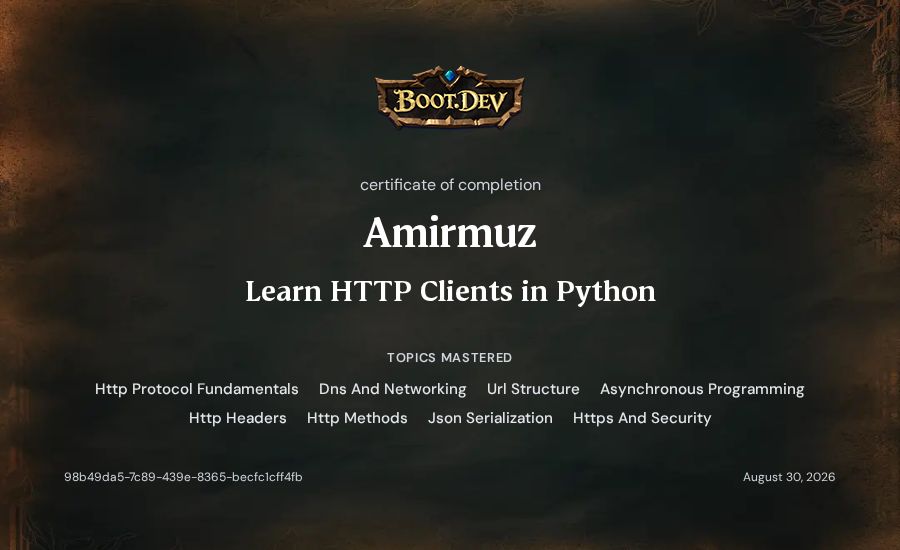 Amirmuz's Boot.dev Learn HTTP Clients in Python certificate