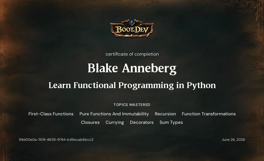 Blake Anneberg's Boot.dev Learn Functional Programming in Python certificate