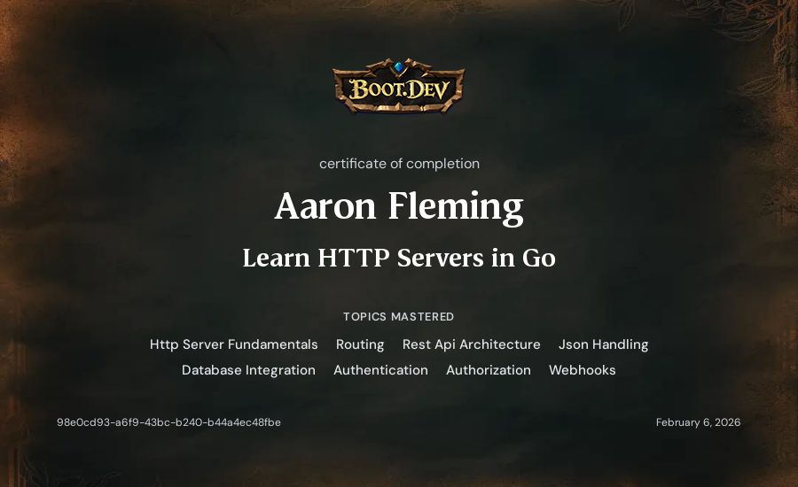 Aaron Fleming's Boot.dev Learn HTTP Servers in Go certificate
