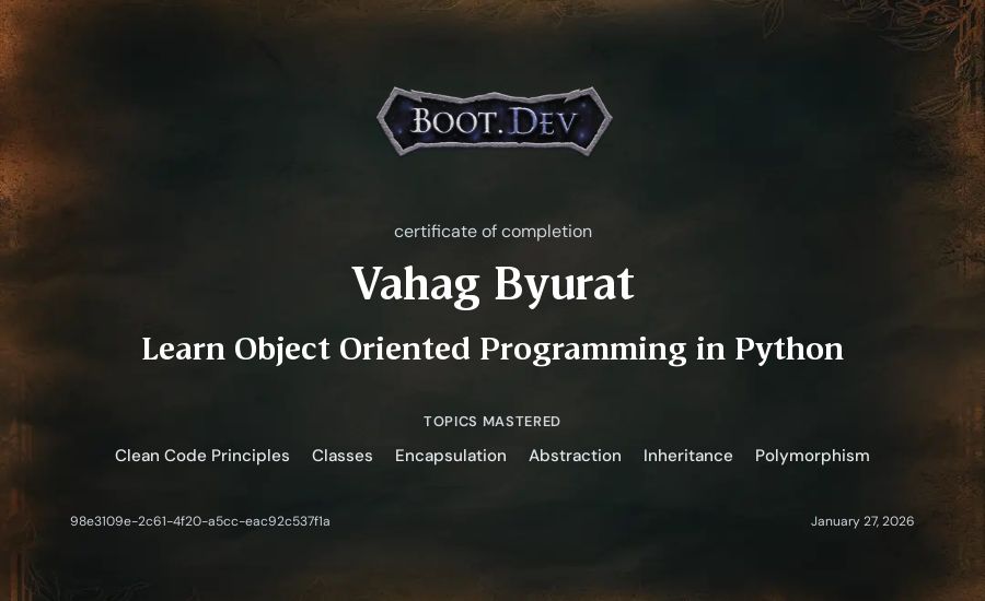 Vahag Byurat's Boot.dev Learn Object Oriented Programming in Python certificate