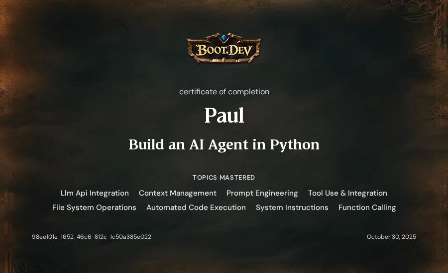 Paul's Boot.dev Build an AI Agent in Python certificate