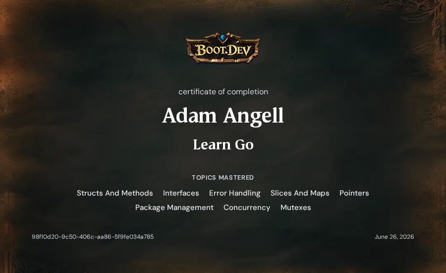 Adam Angell's Boot.dev Learn Go certificate
