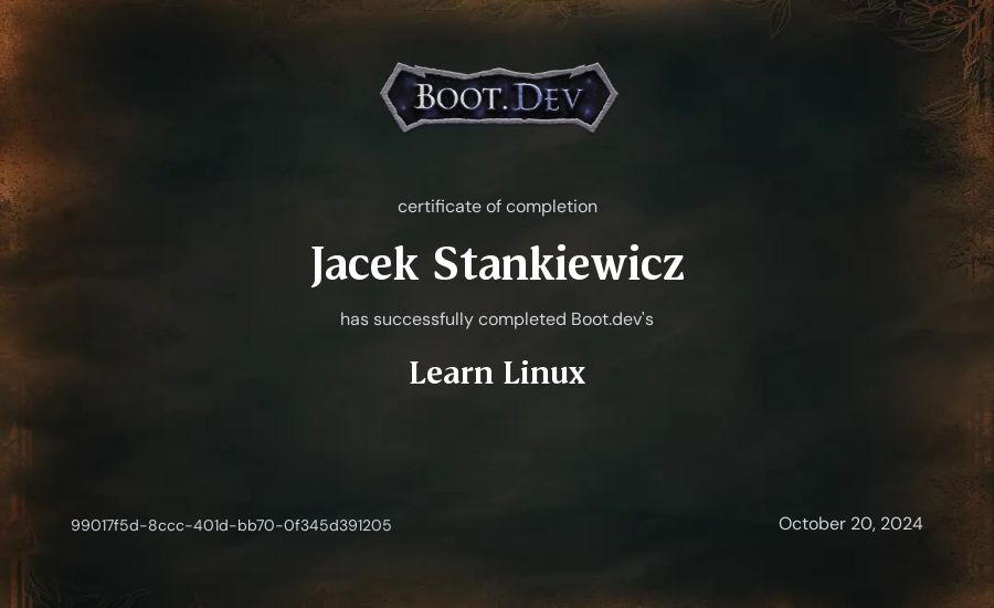 Jacek Stankiewicz's Boot.dev Learn Linux certificate