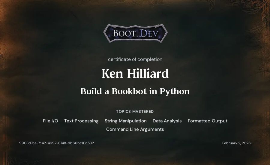 Ken Hilliard's Boot.dev Build a BookBot in Python certificate
