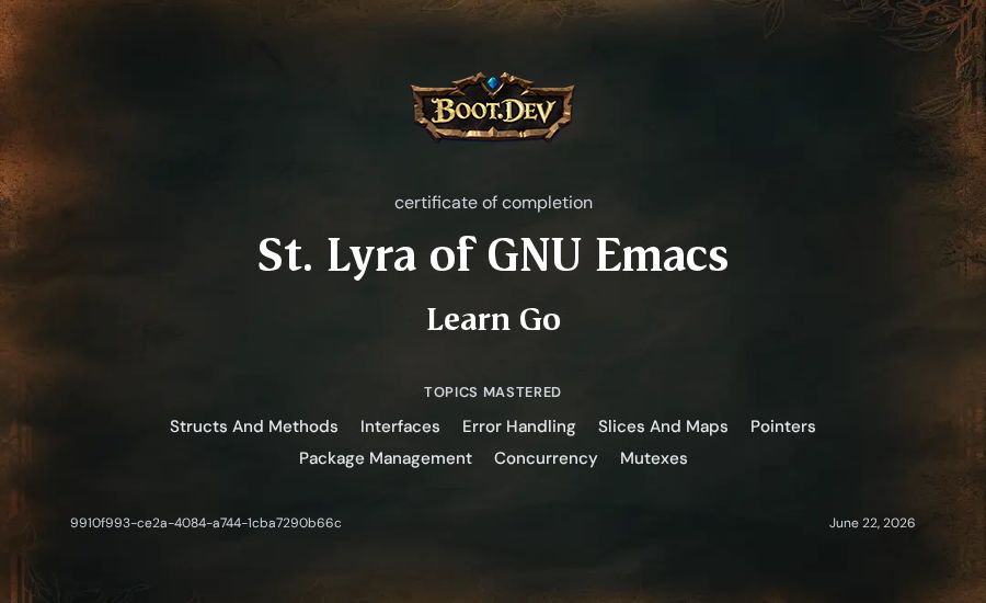 St. Lyra of GNU Emacs's Boot.dev Learn Go certificate
