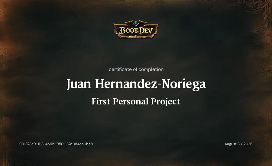 Juan Hernandez-Noriega's Boot.dev First Personal Project certificate