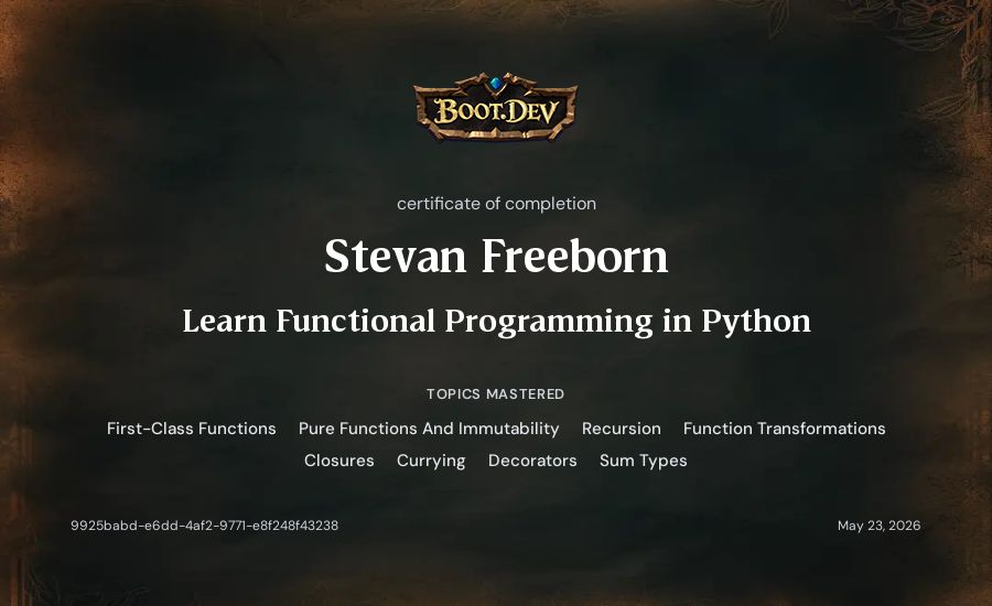 Stevan Freeborn's Boot.dev Learn Functional Programming in Python certificate