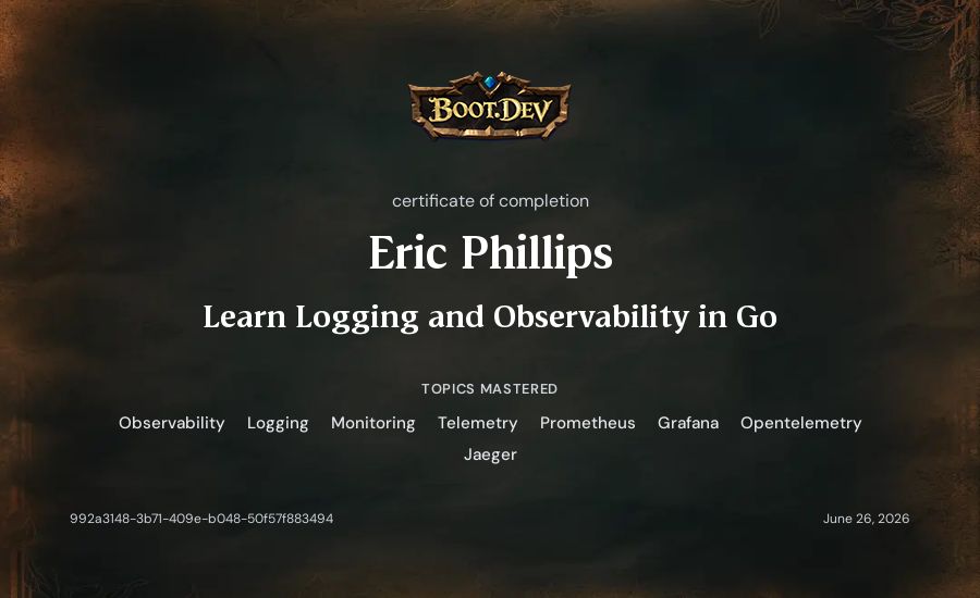 Eric Phillips's Boot.dev Learn Logging and Observability in Go certificate