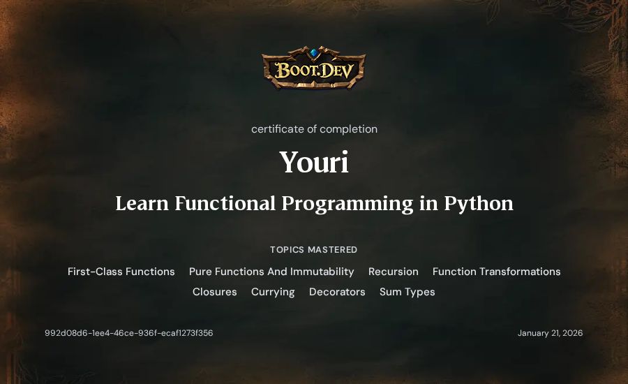 Youri's Boot.dev Learn Functional Programming in Python certificate