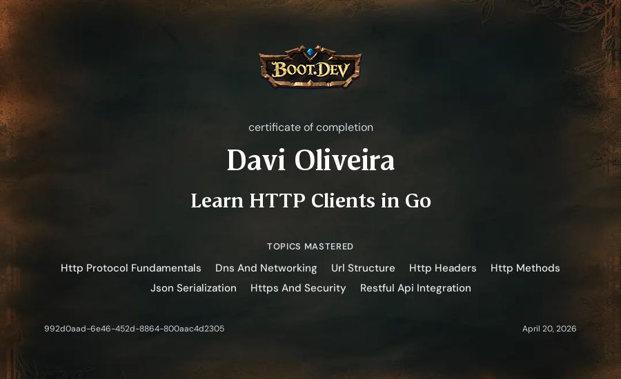 Davi Oliveira's Boot.dev Learn HTTP Clients in Go certificate