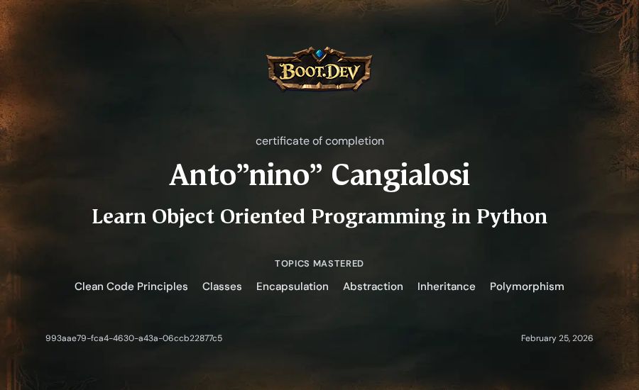 Anto"nino" Cangialosi's Boot.dev Learn Object Oriented Programming in Python certificate