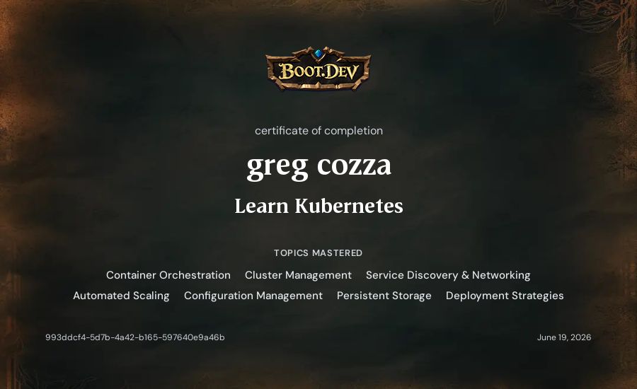 greg cozza's Boot.dev Learn Kubernetes certificate