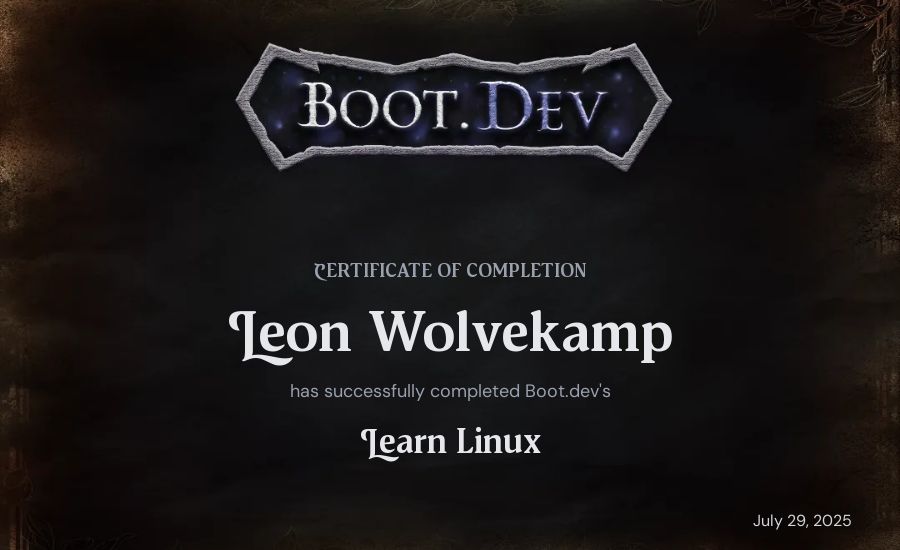 Leon Wolvekamp's Boot.dev Learn Linux certificate