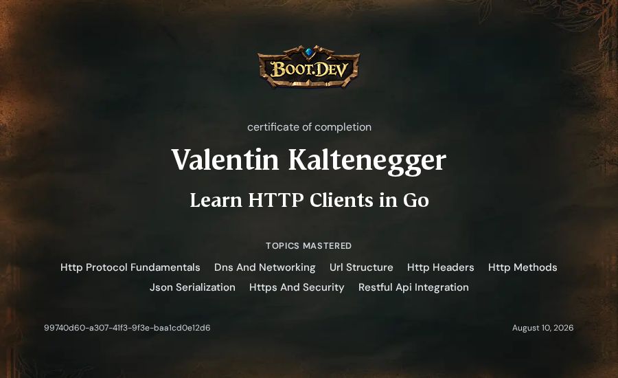 Valentin Kaltenegger's Boot.dev Learn HTTP Clients in Go certificate